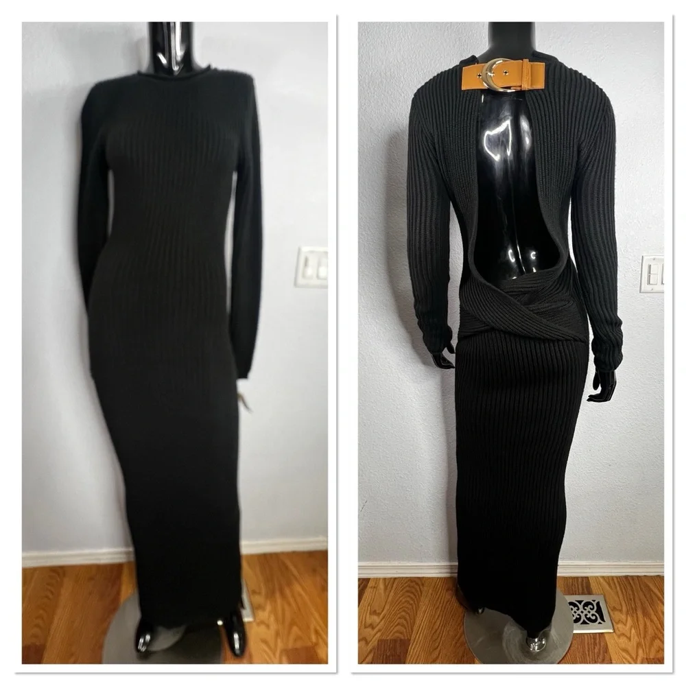 JLUXLABEL Black Long Sleeve Ribbed Open Back Maxi Dress - Picture 2 of 10